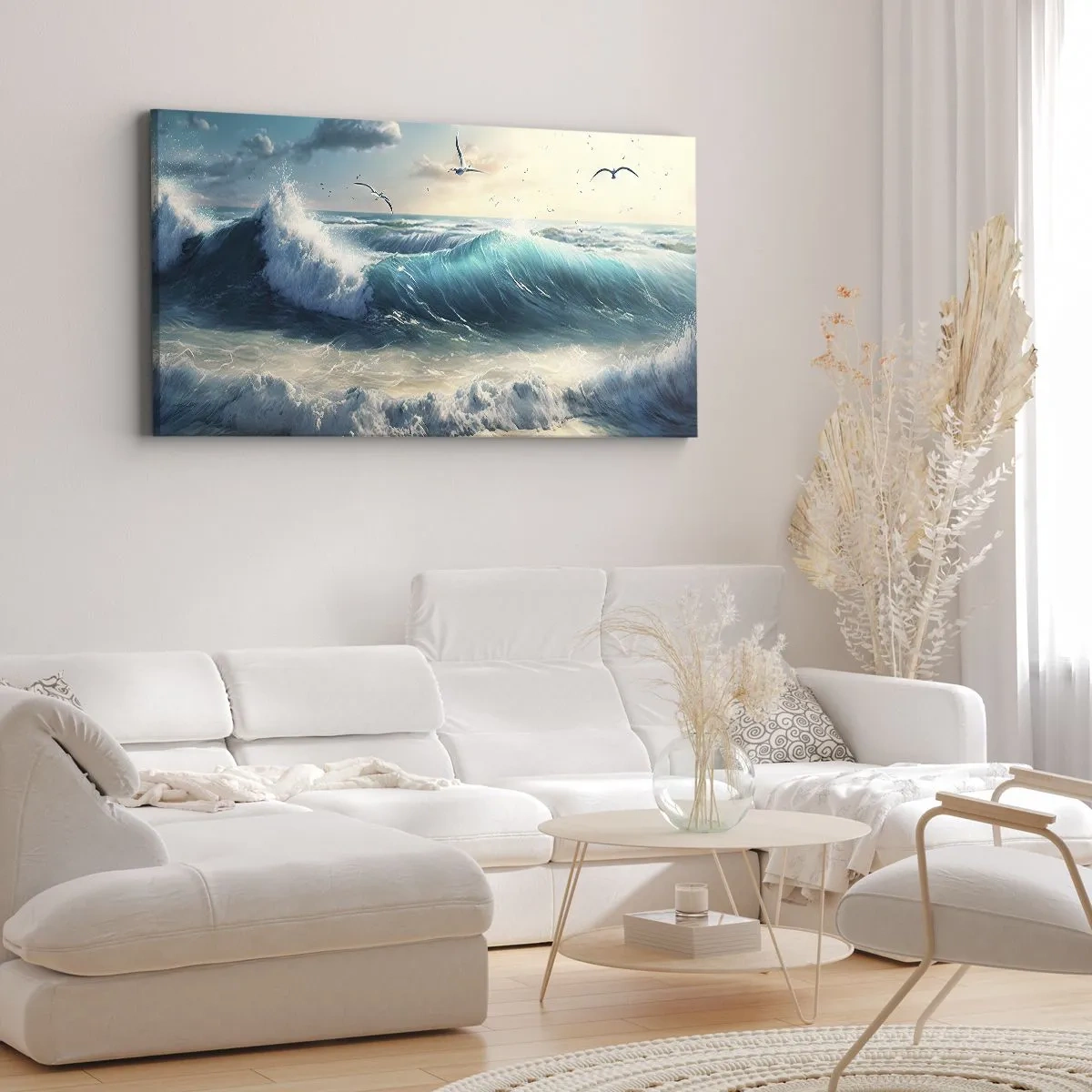 Bild auf Leinwand - Leinwandbild - Meereswellen am Strand unter blauem Himmel mit Möwen - 160x50cm - Es summt nur für dich - Moderne Wanddekoration für Wohnzimmer und Schlafzimmer ARTTOR