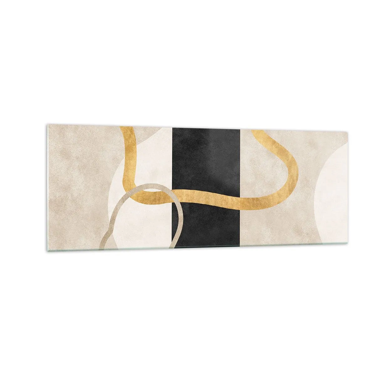 Glasbild - Bild auf glas - Ein minimalistisches Design mit geschwungenen Formen in Gold und Schwarz. - 140x50cm - Schleifenformen - Moderne Wanddekoration für Wohnzimmer und Schlafzimmer ARTTOR