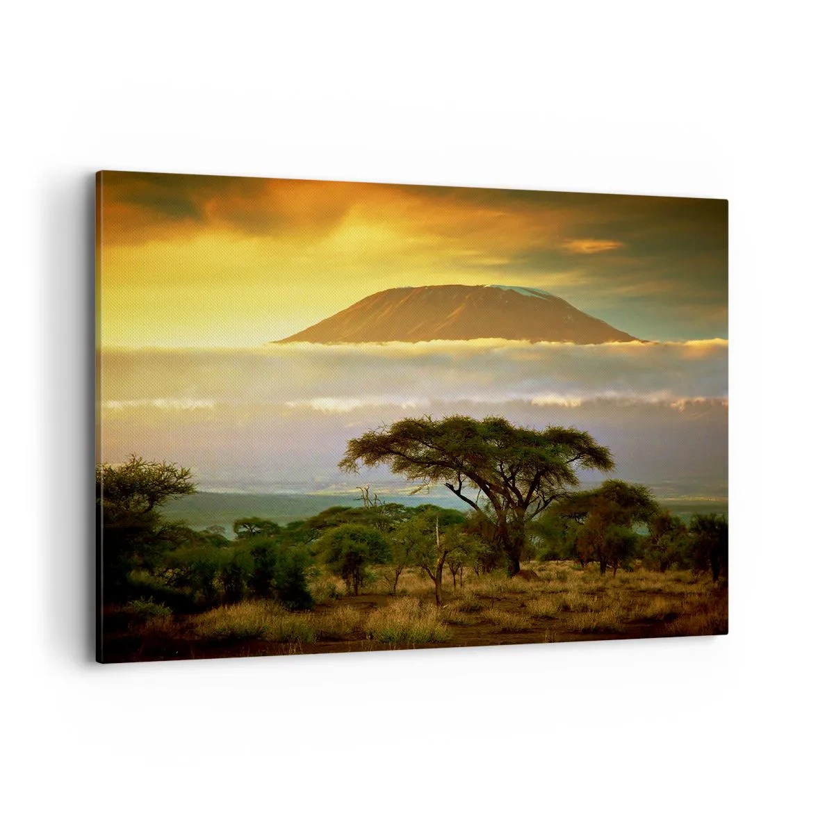 Bild auf Leinwand - Leinwandbild - Afrikanische Landschaft mit Kilimandscharo bei Sonnenaufgang - 100x70cm - Ein Reisetraum - Moderne Wanddekoration für Wohnzimmer und Schlafzimmer ARTTOR