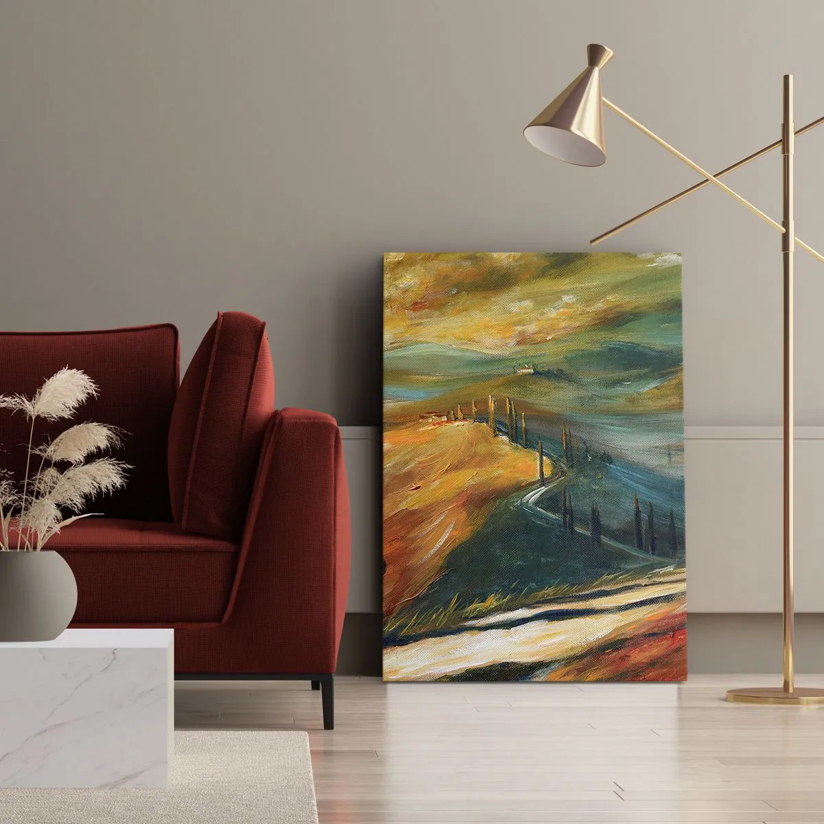 Bild auf Leinwand - Leinwandbild - Toskanische Landschaft mit Feldern, Straße und Zypressen - 50x70cm - Toskanische Landschaft - Moderne Wanddekoration für Wohnzimmer und Schlafzimmer ARTTOR