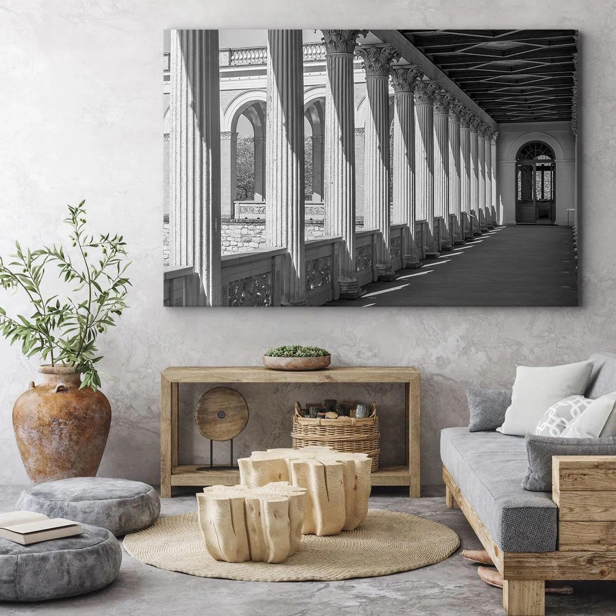 Bild auf Leinwand - Leinwandbild - Kolonnade im klassischen Stil in Schwarz und Weiß - 120x80cm - Sonnige Arkade - Moderne Wanddekoration für Wohnzimmer und Schlafzimmer ARTTOR
