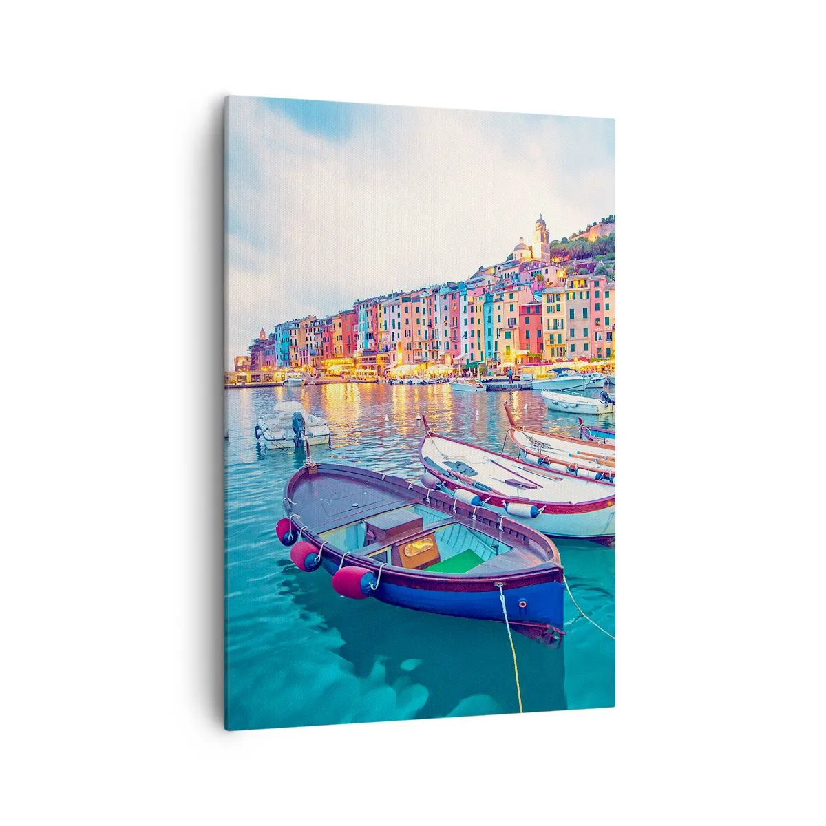 Bild auf Leinwand - Leinwandbild - Eine bunte Stadt am Wasser mit Booten im Hafen - 70x100cm - Bunter Abend im Hafen - Moderne Wanddekoration für Wohnzimmer und Schlafzimmer ARTTOR