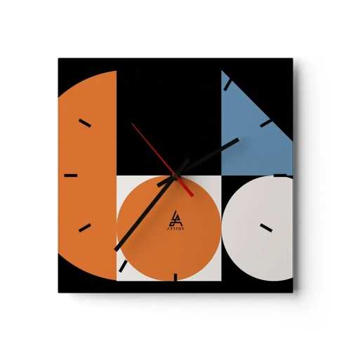 Wanduhr - Glasuhr - Geometrisches Muster mit bunten Formen auf schwarzem Hintergrund - 30x30cm - Bebilderte Anordnung - Moderne Wanddekoration für Wohnzimmer und Schlafzimmer ARTTOR