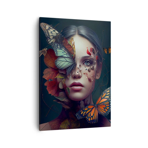 Bild auf Leinwand - Leinwandbild - Porträt einer Frau mit Schmetterlingen und Pflanzenelementen - 50x70cm - Wunderbare Metamorphose - Moderne Wanddekoration für Wohnzimmer und Schlafzimmer ARTTOR