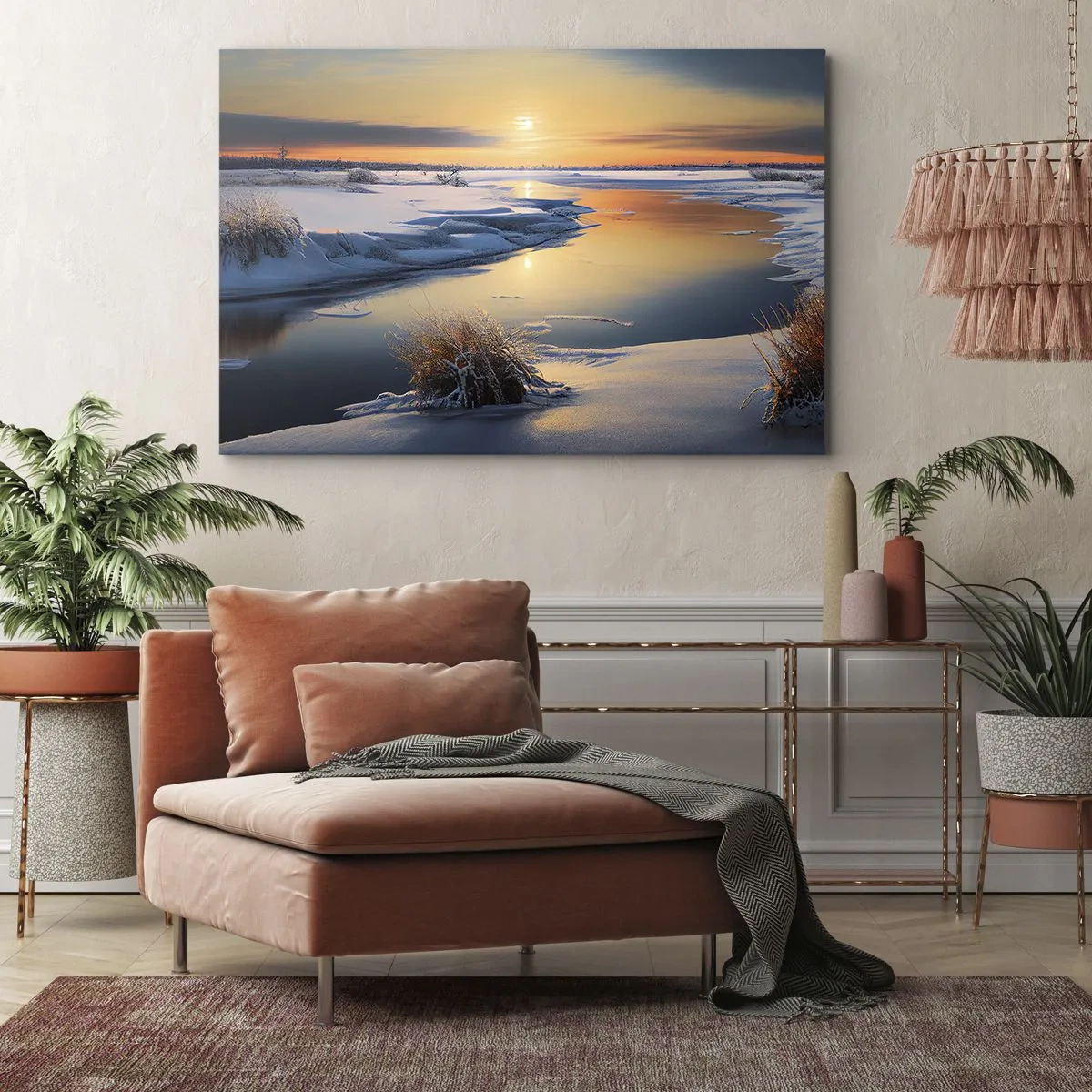 Bild auf Leinwand - Leinwandbild - Winterlandschaft mit einem Fluss bei Sonnenuntergang - 100x70cm - Wintersonnenuntergang - Moderne Wanddekoration für Wohnzimmer und Schlafzimmer ARTTOR