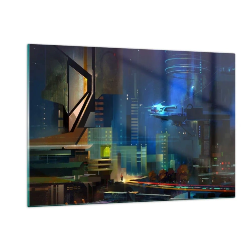 Glasbild - Bild auf glas - Futuristische Stadt bei Nacht mit Neonlichtern und einem fliegenden Fahrzeug - 120x80cm - In naher Zukunft - Moderne Wanddekoration für Wohnzimmer und Schlafzimmer ARTTOR