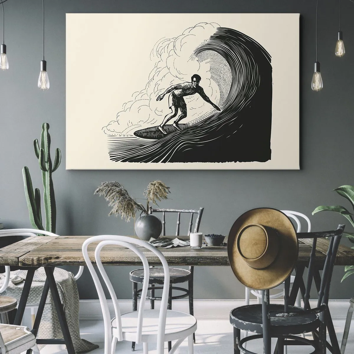 Bild auf Leinwand - Leinwandbild - Schwarz-Weiß-Grafik eines Surfers, der auf einer Welle reitet - 120x80cm - König der Welle - Moderne Wanddekoration für Wohnzimmer und Schlafzimmer ARTTOR