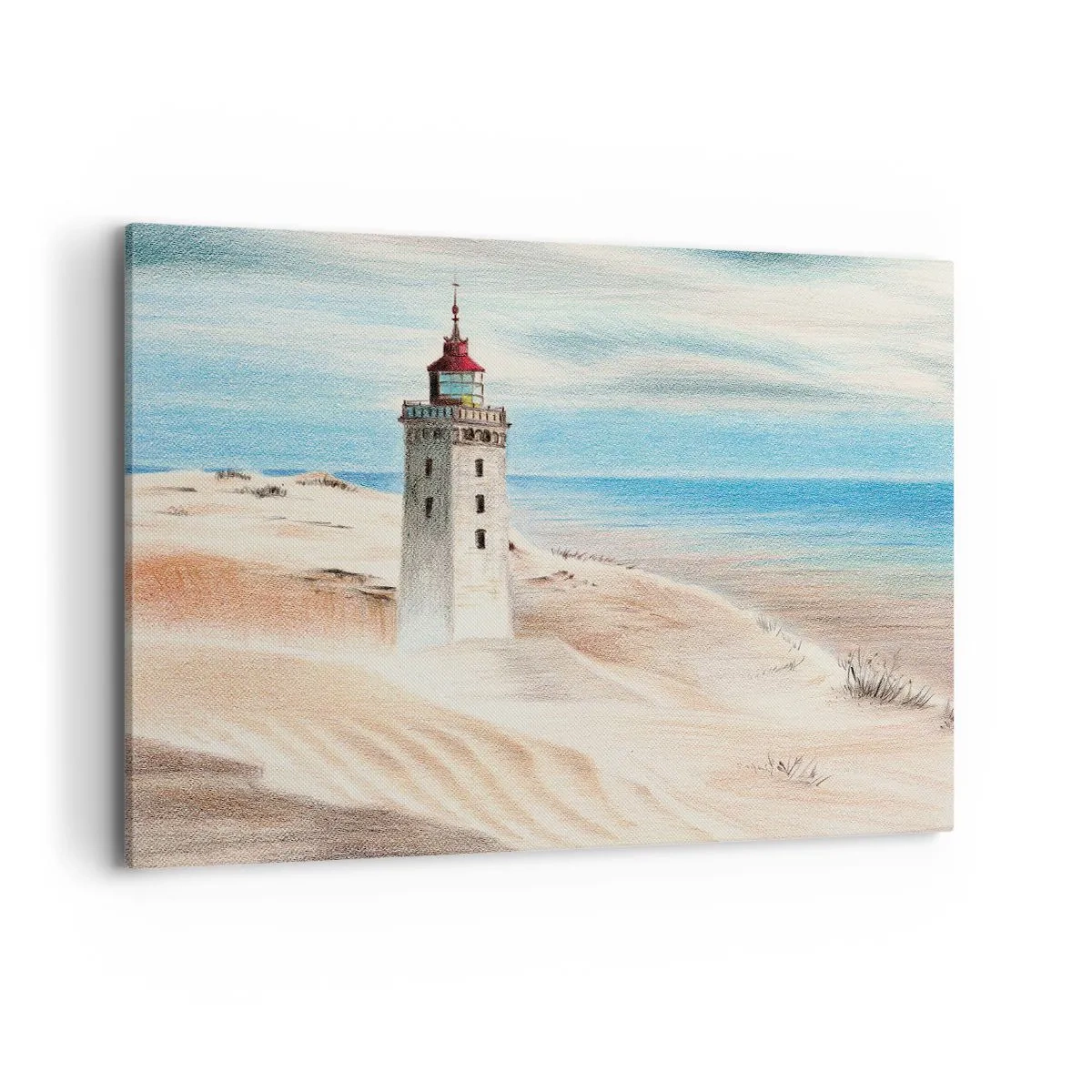 Bild auf Leinwand - Leinwandbild - Ein Leuchtturm, umgeben von Sanddünen und blauem Himmel - 100x70cm - Immer aufs Meer starrend - Moderne Wanddekoration für Wohnzimmer und Schlafzimmer ARTTOR