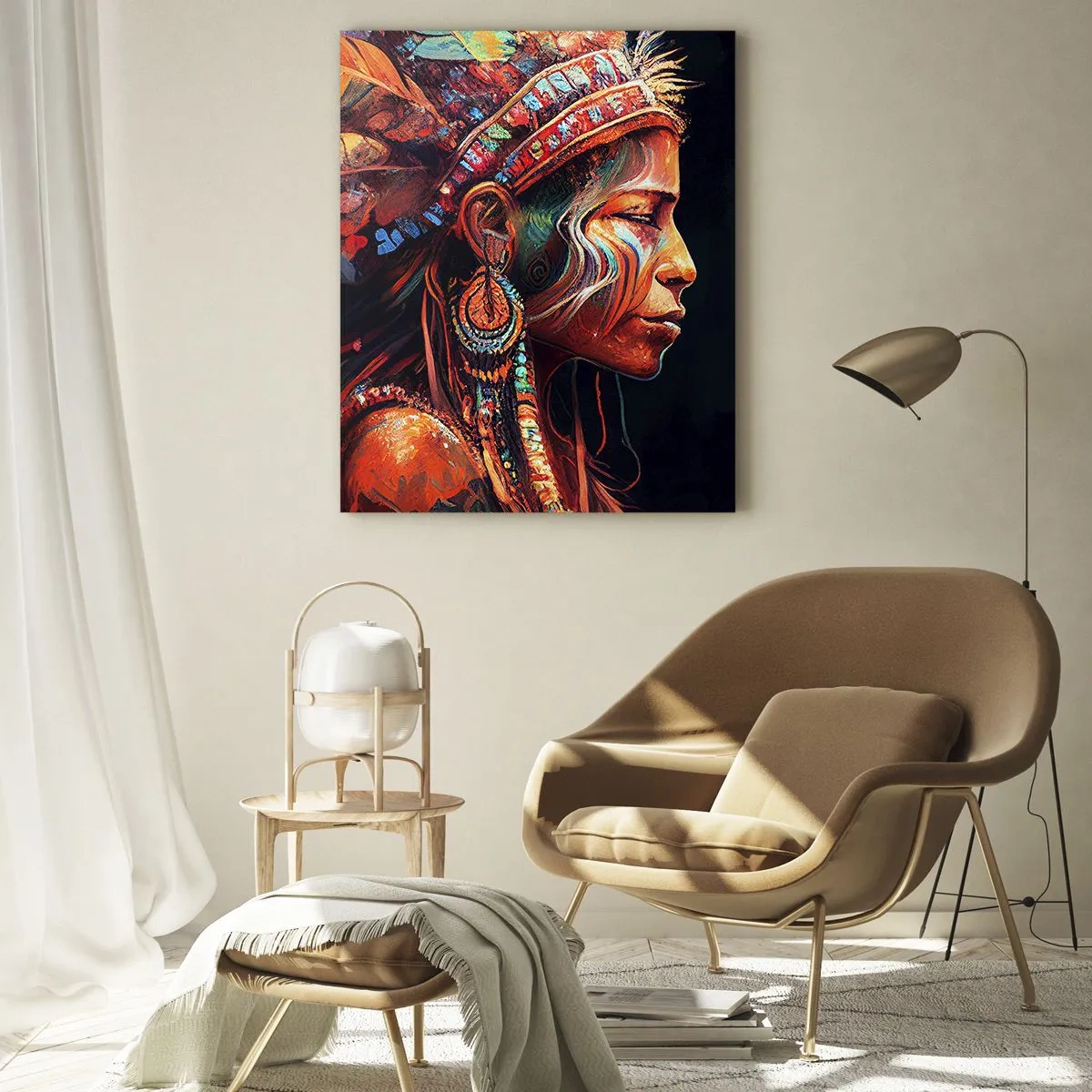 Glasbild - Bild auf glas - Eine Figur mit Federkopfschmuck trinkt einen Trank in mystischer Atmosphäre - 50x70cm - Magisches Ritual - Moderne Wanddekoration für Wohnzimmer und Schlafzimmer ARTTOR