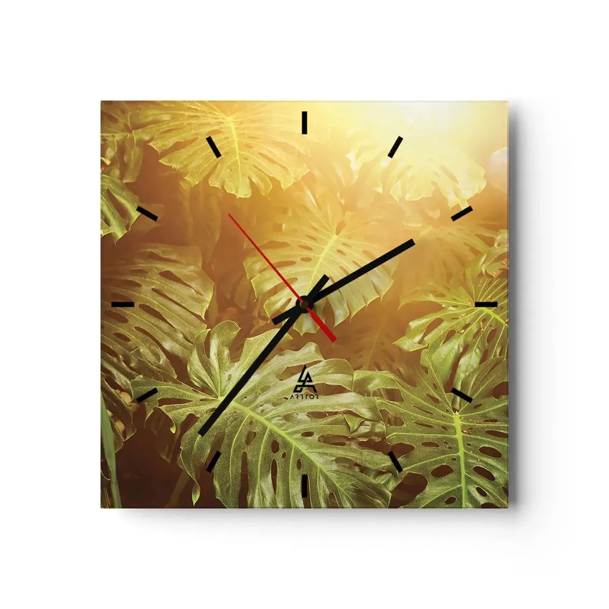 Wanduhr - Glasuhr - Monstera-Blätter im Sonnenlicht vor einem natürlichen Hintergrund - 30x30cm - Ins Grüne tretren... - Moderne Wanddekoration für Wohnzimmer und Schlafzimmer ARTTOR