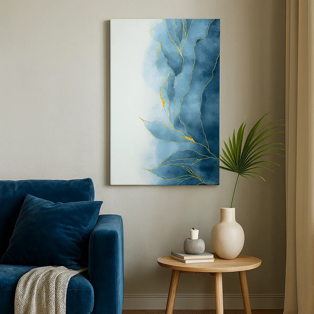 Bild auf Leinwand - Leinwandbild - Abstrakte Wellen in Blautönen mit goldenen Akzenten - 50x70cm - Blau im Gold - Moderne Wanddekoration für Wohnzimmer und Schlafzimmer ARTTOR