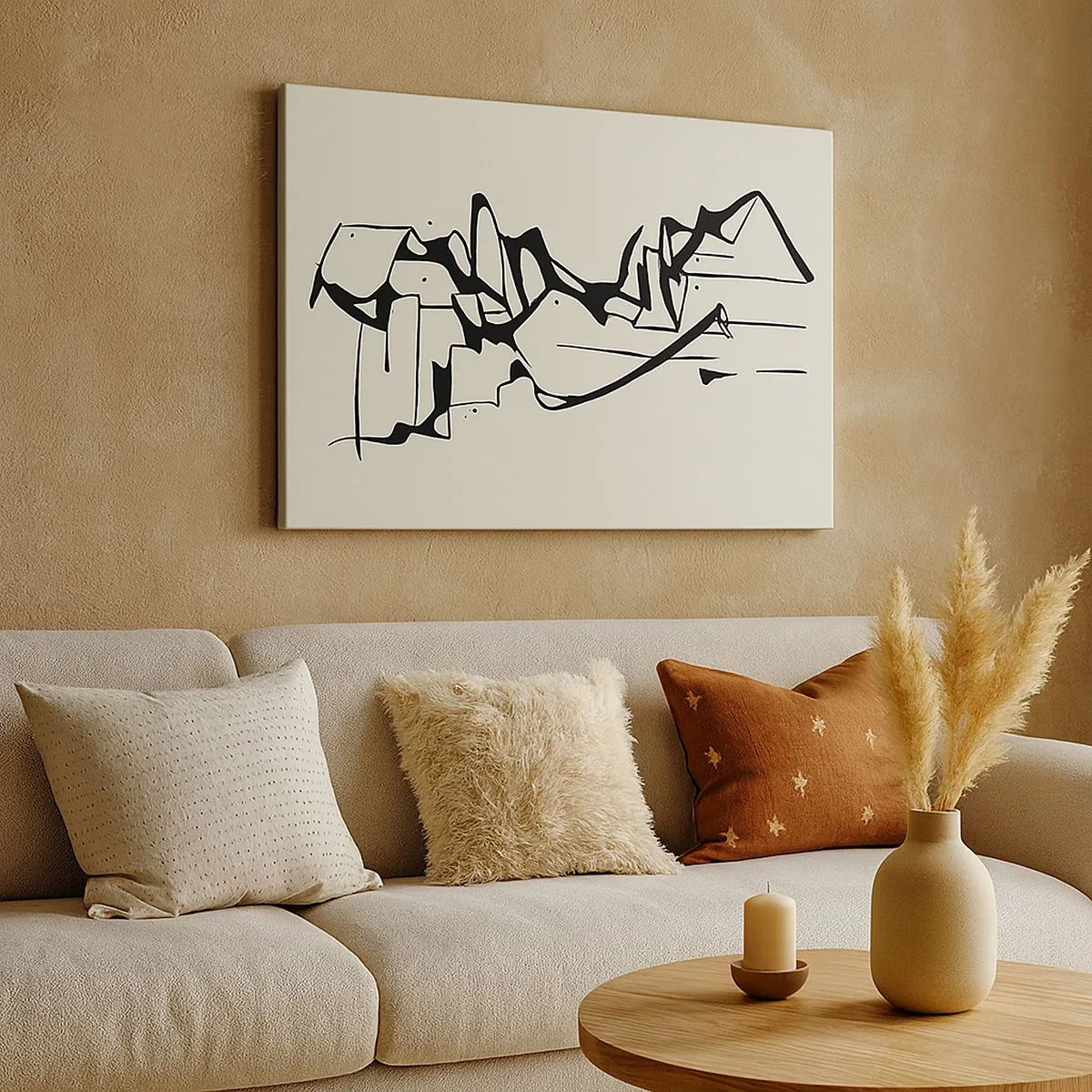 Bild auf Leinwand - Leinwandbild - Abstrakte Zeichnung von Bergen in Schwarz und Weiß - 70x50cm - Vielleicht eine Landschaft - Moderne Wanddekoration für Wohnzimmer und Schlafzimmer ARTTOR