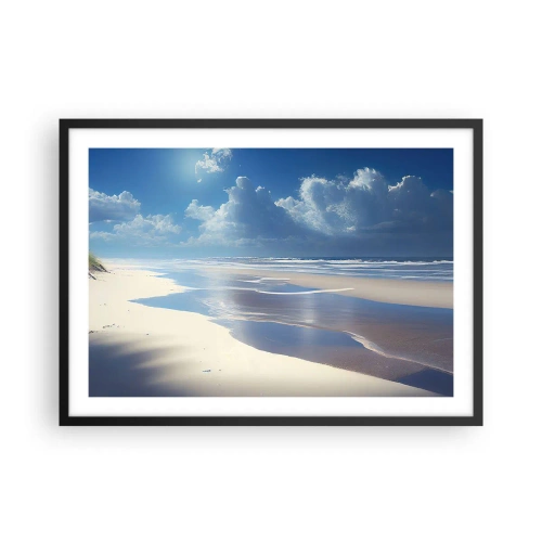 Poster in einem schwarzem Rahmen - Ein Sandstrand mit Wellen unter blauem Himmel - 70x50cm - Paradiesischer Urlaub - Moderne Wanddekoration für Wohnzimmer und Schlafzimmer ARTTOR