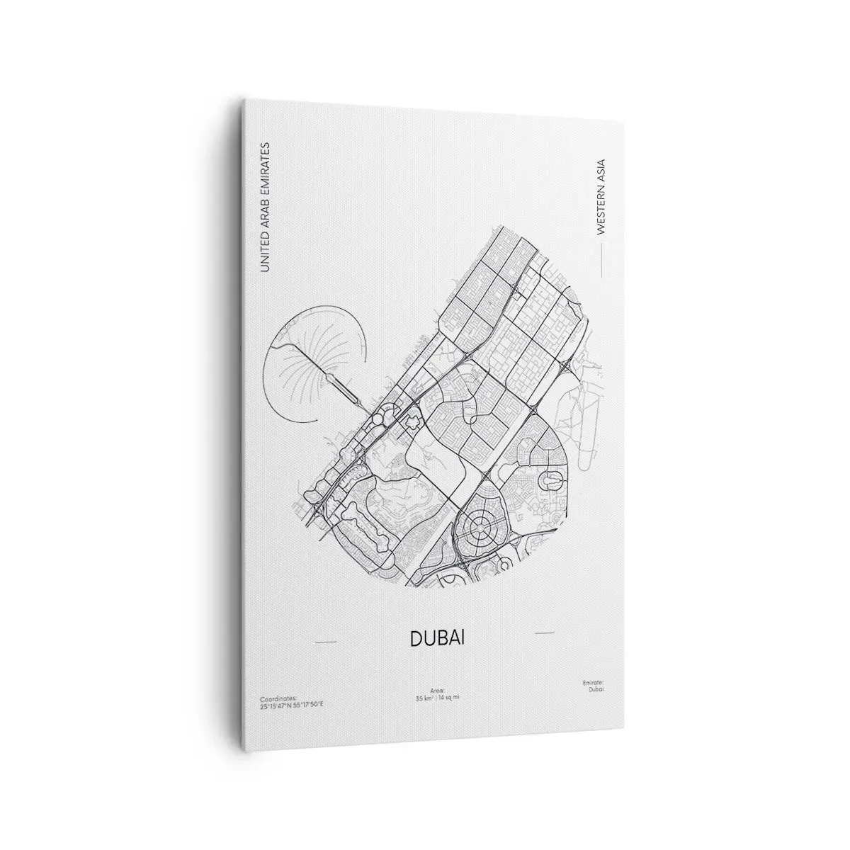 Bild auf Leinwand - Leinwandbild - Eine minimalistische Schwarzweißkarte von Dubai mit Standortmarkierungen. - 80x120cm - Anatomie von Dubai - Moderne Wanddekoration für Wohnzimmer und Schlafzimmer ARTTOR
