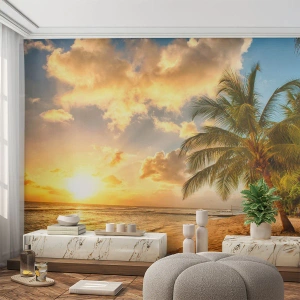 Fototapete Premium Sand - Tropischer Strand mit Palmen bei Sonnenuntergang - 100x70cm - Ewiger Sommer, immer Urlaub - Moderne Wanddekoration für Wohnzimmer und Schlafzimmer ARTTOR