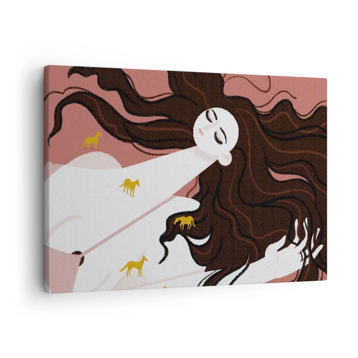 Bild auf Leinwand - Leinwandbild - Eine Figur mit geschlossenen Augen, umgeben von goldenen Pferden - 70x50cm - Traum von einem goldenen Pferd - Moderne Wanddekoration für Wohnzimmer und Schlafzimmer ARTTOR