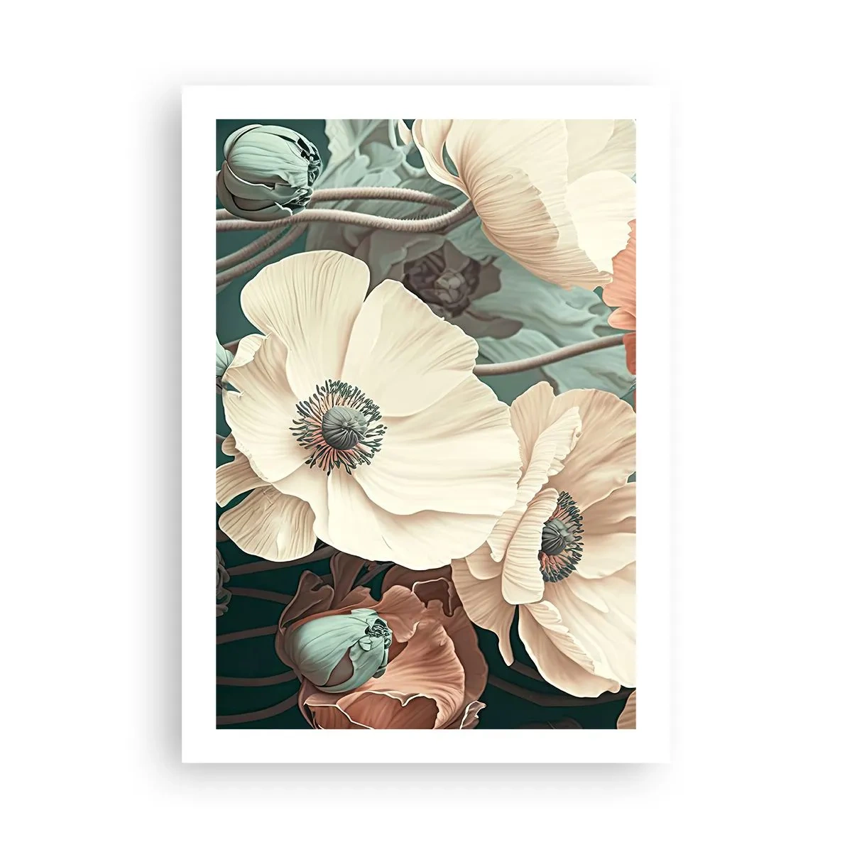 Poster - Zarte Blüten in Pastelltönen auf dunklem Untergrund - 50x70cm - Flüstern von Mohnblumen - Moderne Wanddekoration für Wohnzimmer und Schlafzimmer ARTTOR