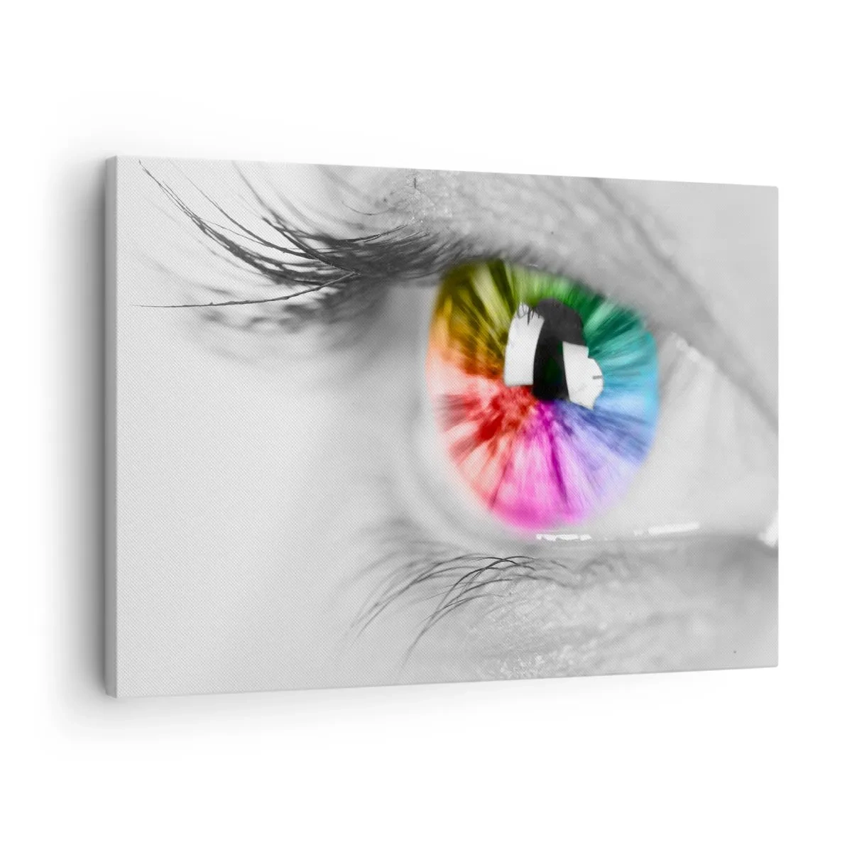 Bild auf Leinwand - Leinwandbild - Künstlerische Aufnahme eines Auges mit einer Regenbogeniris auf grauem Hintergrund - 70x50cm - Schau dir die Welt in Farbe an - Moderne Wanddekoration für Wohnzimmer und Schlafzimmer ARTTOR