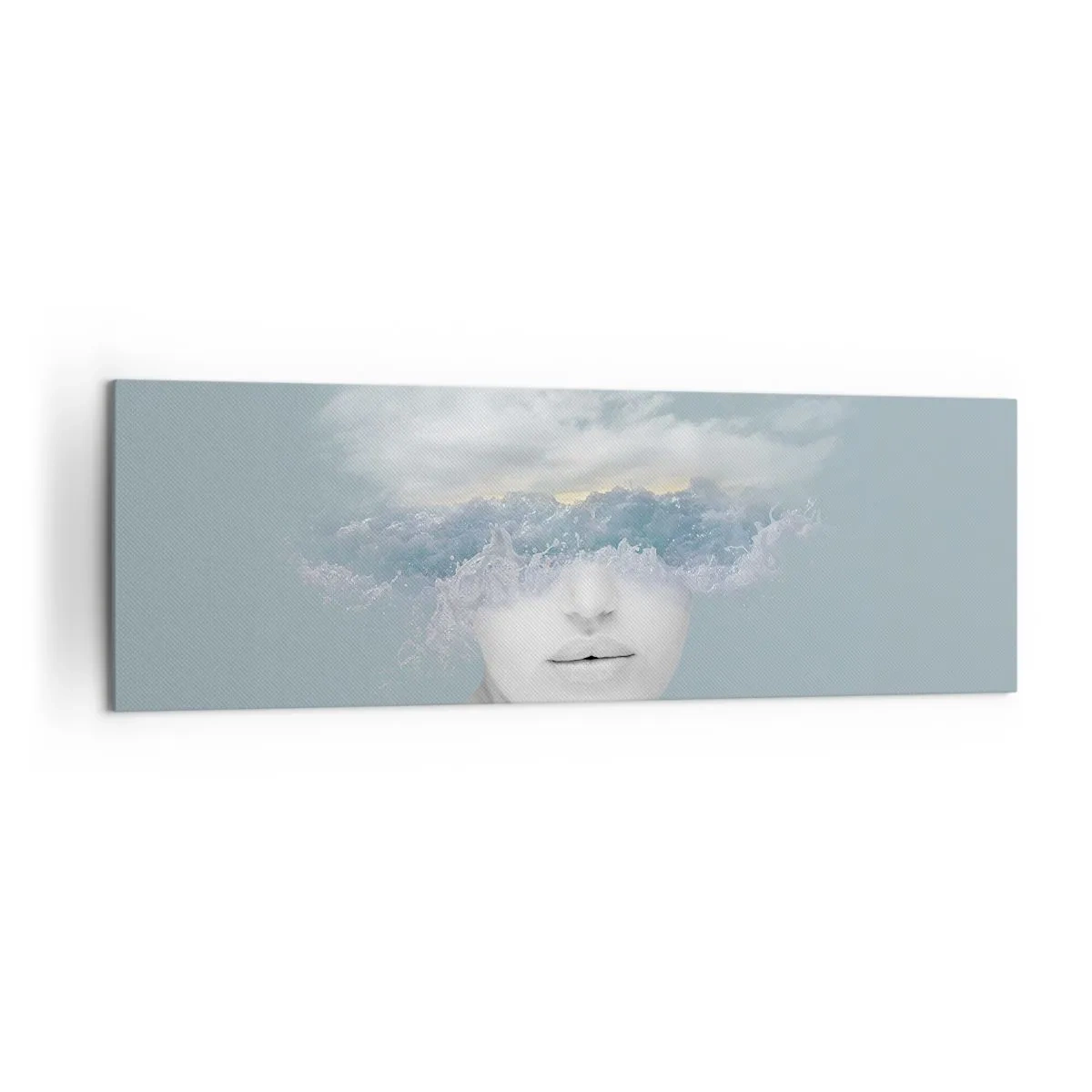 Bild auf Leinwand - Leinwandbild - Porträt einer Frau, deren Gesicht hinter Wolken und Wellen verborgen ist - 160x50cm - Mit dem Kopf in den Wolken - Moderne Wanddekoration für Wohnzimmer und Schlafzimmer ARTTOR