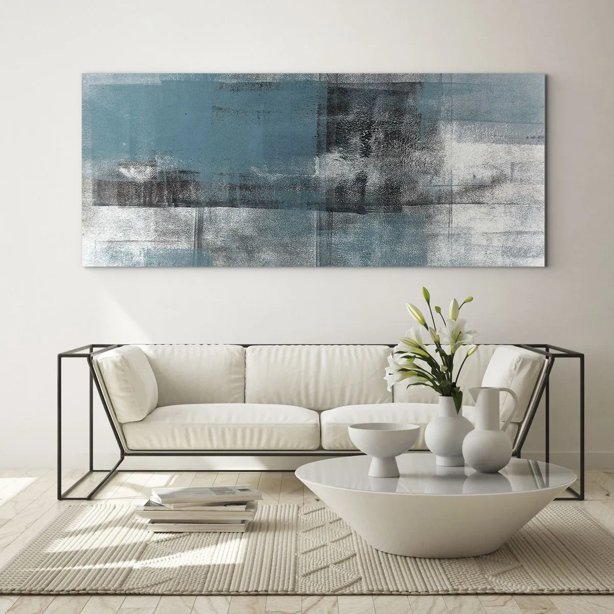 Glasbild - Bild auf glas - Eine abstrakte Komposition in Blautönen mit Textur und Schichten. - 140x50cm - Wasser und Luft - Moderne Wanddekoration für Wohnzimmer und Schlafzimmer ARTTOR