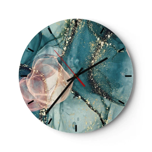 Wanduhr - Glasuhr - Künstlerische Farbtupfer in Türkis- und Rosatönen mit goldenen Akzenten - 30x30cm - Seidenblau, Tüllrosa - Moderne Wanddekoration für Wohnzimmer, Küche und Schlafzimmer ARTTOR