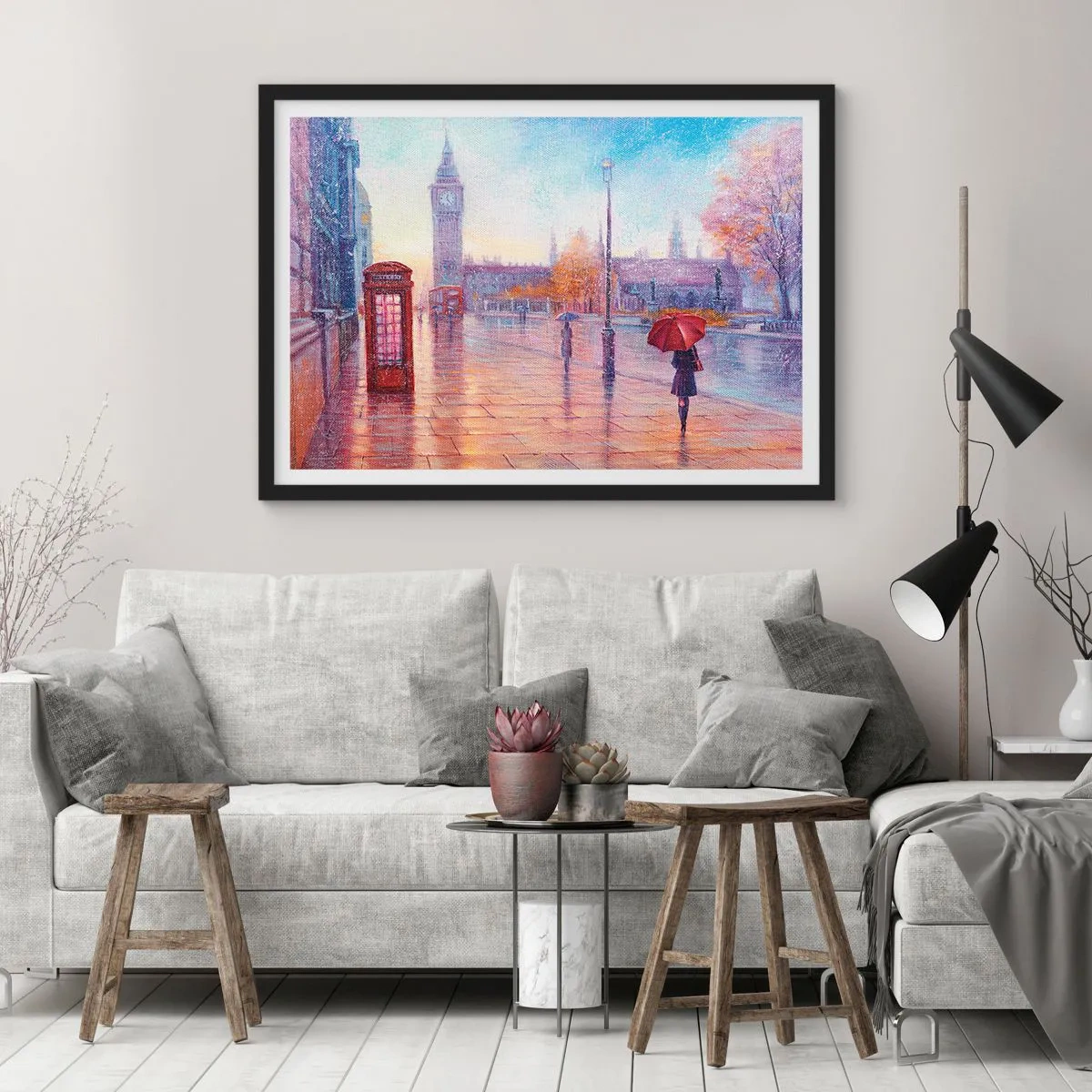 Poster in einem schwarzem Rahmen - Londoner Straße mit Big Ben an einem regnerischen Tag - 70x50cm - Londoner Herbsttag - Moderne Wanddekoration für Wohnzimmer und Schlafzimmer ARTTOR