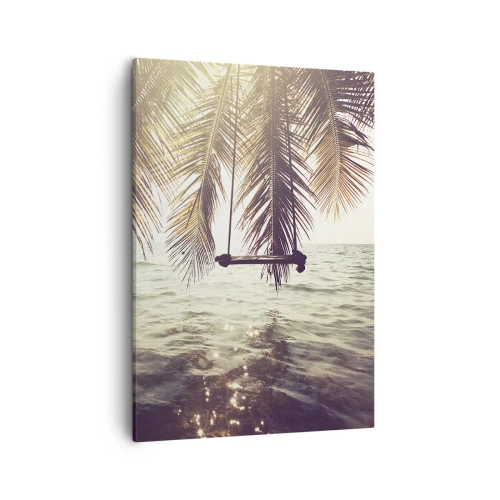 Bild auf Leinwand - Leinwandbild - Palme mit Schaukel über dem Wasser im Sonnenlicht - 50x70cm - Sie können nach Belieben in den Wolken schwingen - Moderne Wanddekoration für Wohnzimmer und Schlafzimmer ARTTOR