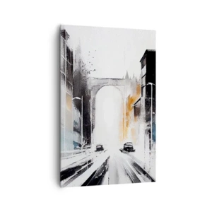 Bild auf Leinwand - Leinwandbild - Abstraktes Stadtpanorama mit einer Bogenbrücke - 80x120cm - Stadtstudie: Architektur und Bewegung - Moderne Wanddekoration für Wohnzimmer und Schlafzimmer ARTTOR