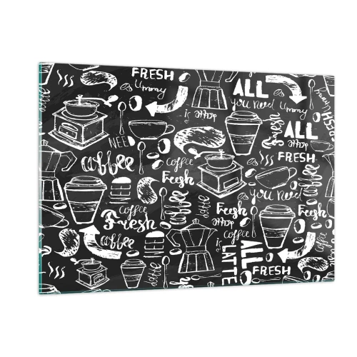 Glasbild - Bild auf glas - Kaffeegrafiken und Schriftzüge auf schwarzem Hintergrund im Retro-Stil - 120x80cm - Alles was Sie brauchen ist… - Moderne Wanddekoration für Wohnzimmer und Schlafzimmer ARTTOR