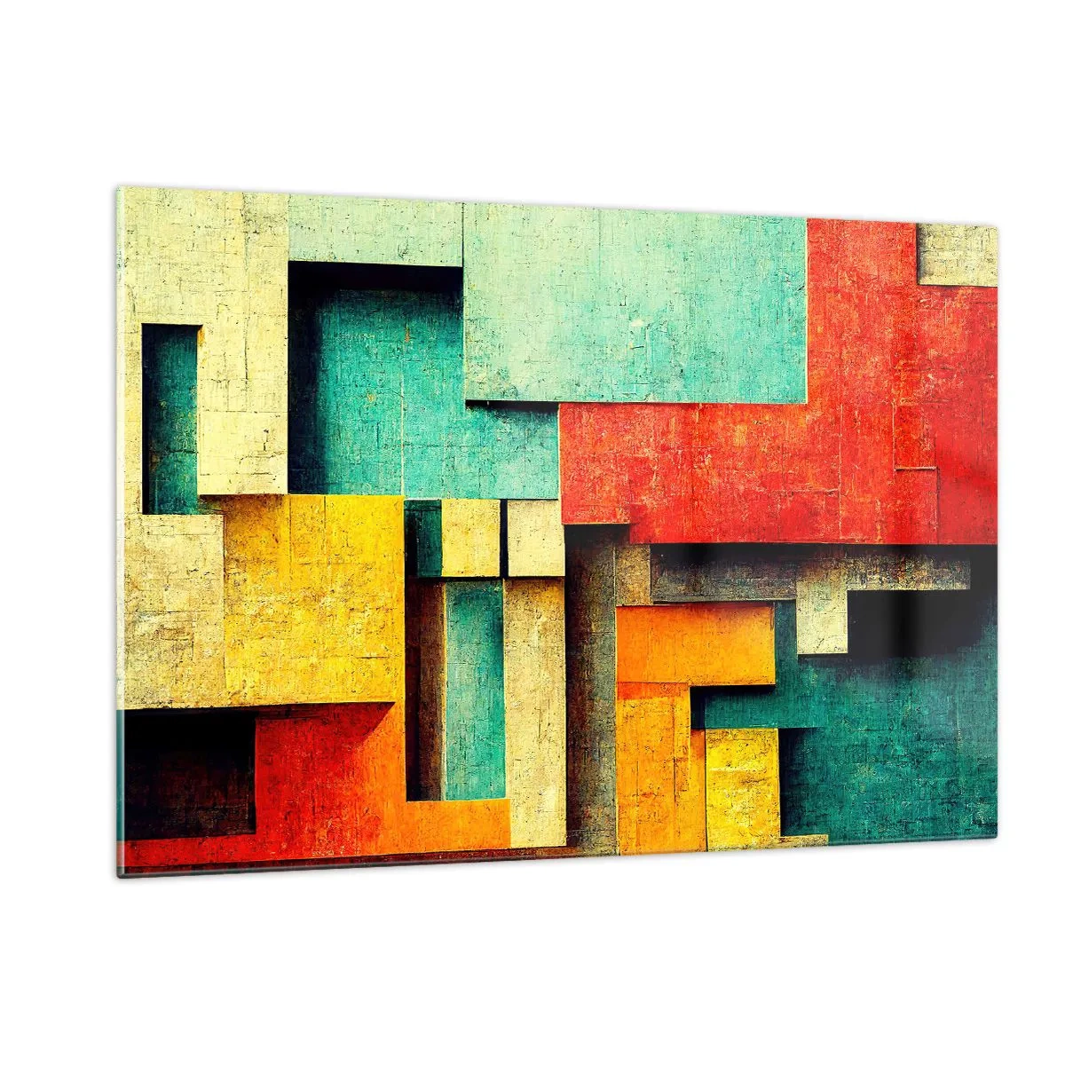 Glasbild - Bild auf glas - Bunte geometrische Abstraktion aus Rechtecken - 120x80cm - Festival der rechten Winkel - Moderne Wanddekoration für Wohnzimmer und Schlafzimmer ARTTOR