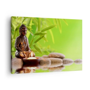Bild auf Leinwand - Leinwandbild - Buddha-Figur mit Steinen und einer Kerze vor Bambus-Hintergrund - 70x50cm - Das Leben ist wunderschoen - Moderne Wanddekoration für Wohnzimmer und Schlafzimmer ARTTOR