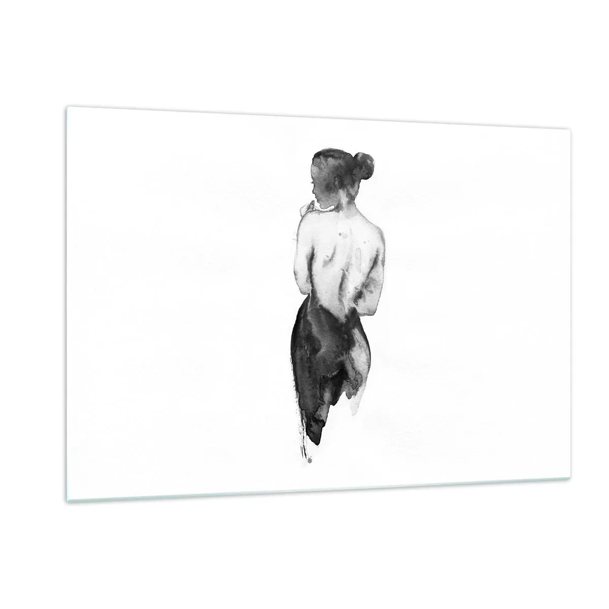 Glasbild - Bild auf glas - Schwarz-weiße Silhouette einer Frau im Aquarellstil - 120x80cm - Bei ihr verschwindet die Welt - Moderne Wanddekoration für Wohnzimmer und Schlafzimmer ARTTOR