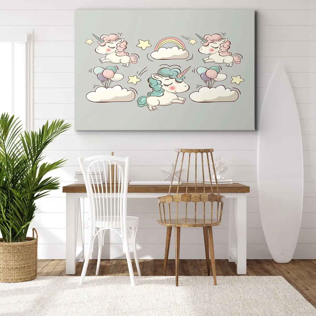 Bild auf Leinwand - Leinwandbild - Niedliche Einhörner auf pastellfarbenem Hintergrund - 70x50cm - Sicherlich gibt es... - Moderne Wanddekoration für Wohnzimmer und Schlafzimmer ARTTOR