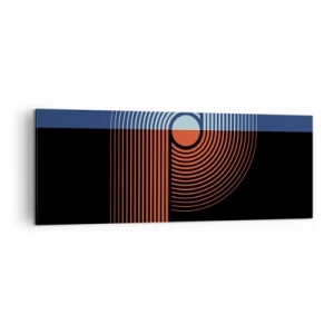 Bild auf Leinwand - Leinwandbild - Geometrische Abstraktion mit Linien in Marineblau und Orange. - 140x50cm - In einer geometrischen Umarmung - Moderne Wanddekoration für Wohnzimmer und Schlafzimmer ARTTOR