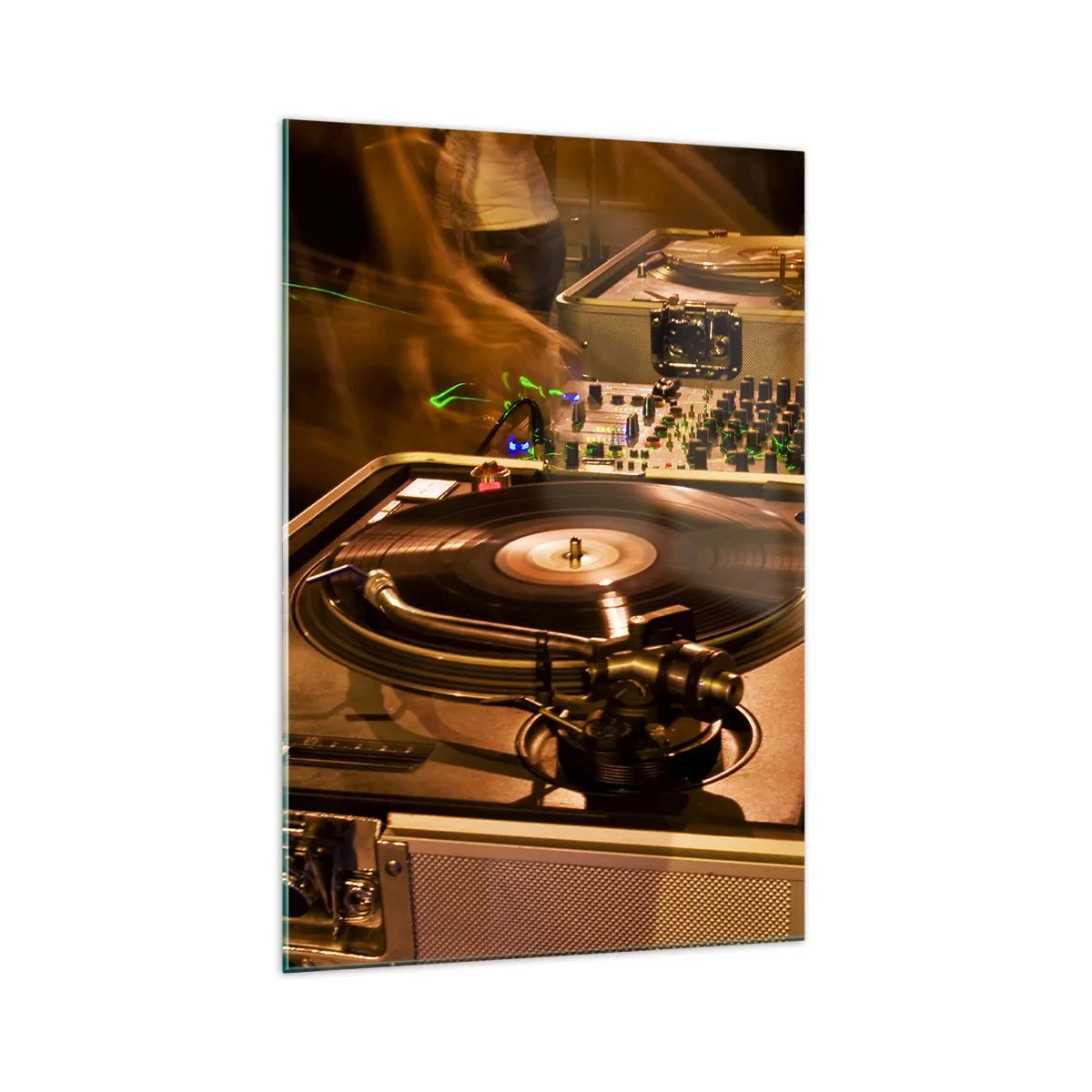 Glasbild - Bild auf glas - DJ-Equipment mit Plattenspieler und Mixer während einer Party - 70x100cm - Kannst du die Kraft spüren? - Moderne Wanddekoration für Wohnzimmer und Schlafzimmer ARTTOR