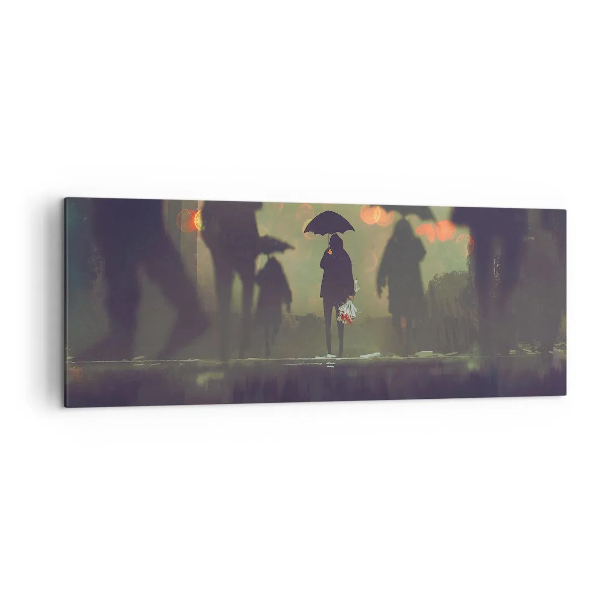 Bild auf Leinwand - Leinwandbild - Eine Figur mit einem Regenschirm an einem regnerischen Abend zwischen den Lichtern der Stadt - 140x50cm - Aus der Perspektive eines Regentropfens - Moderne Wanddekoration für Wohnzimmer und Schlafzimmer ARTTOR