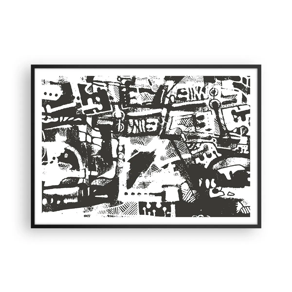 Poster in einem schwarzem Rahmen - Abstraktes monochromes Retro-Muster - 100x70cm - Ordnung oder Chaos? - Moderne Wanddekoration für Wohnzimmer und Schlafzimmer ARTTOR