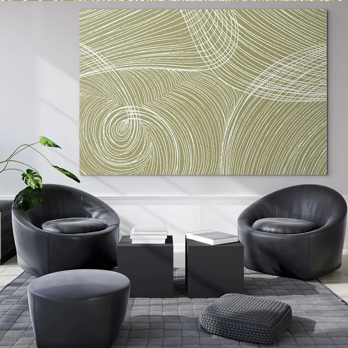 Glasbild - Bild auf glas - Weiße Linien bilden vor einem olivgrünen Hintergrund eine komplexe Struktur. - 70x50cm - Komplizierte Abstraktion in Weiß - Moderne Wanddekoration für Wohnzimmer und Schlafzimmer ARTTOR