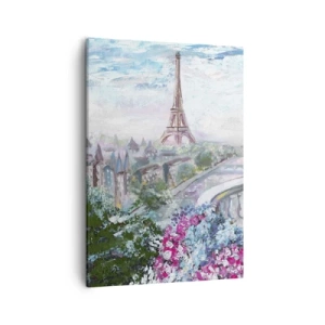 Bild auf Leinwand - Leinwandbild - Ein romantischer Blick auf Paris mit dem Eiffelturm und einem Balkon voller Blumen - 50x70cm - Am schönsten ist es hier im Mai - Moderne Wanddekoration für Wohnzimmer und Schlafzimmer ARTTOR