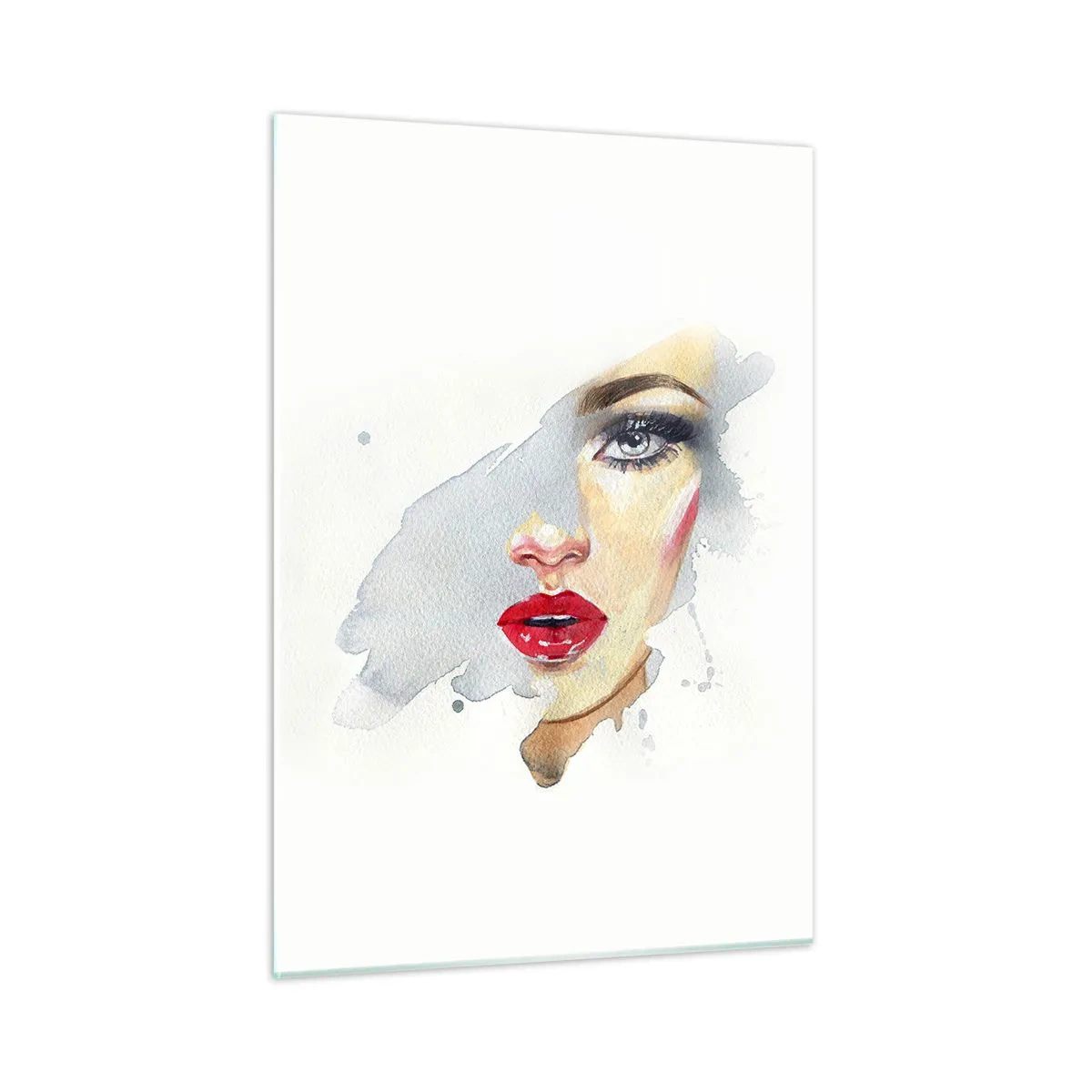 Glasbild - Bild auf glas - Aquarellporträt einer Frau mit roten Lippen - 50x70cm - Abspiegeln in einem Wassertropfen - Moderne Wanddekoration für Wohnzimmer und Schlafzimmer ARTTOR