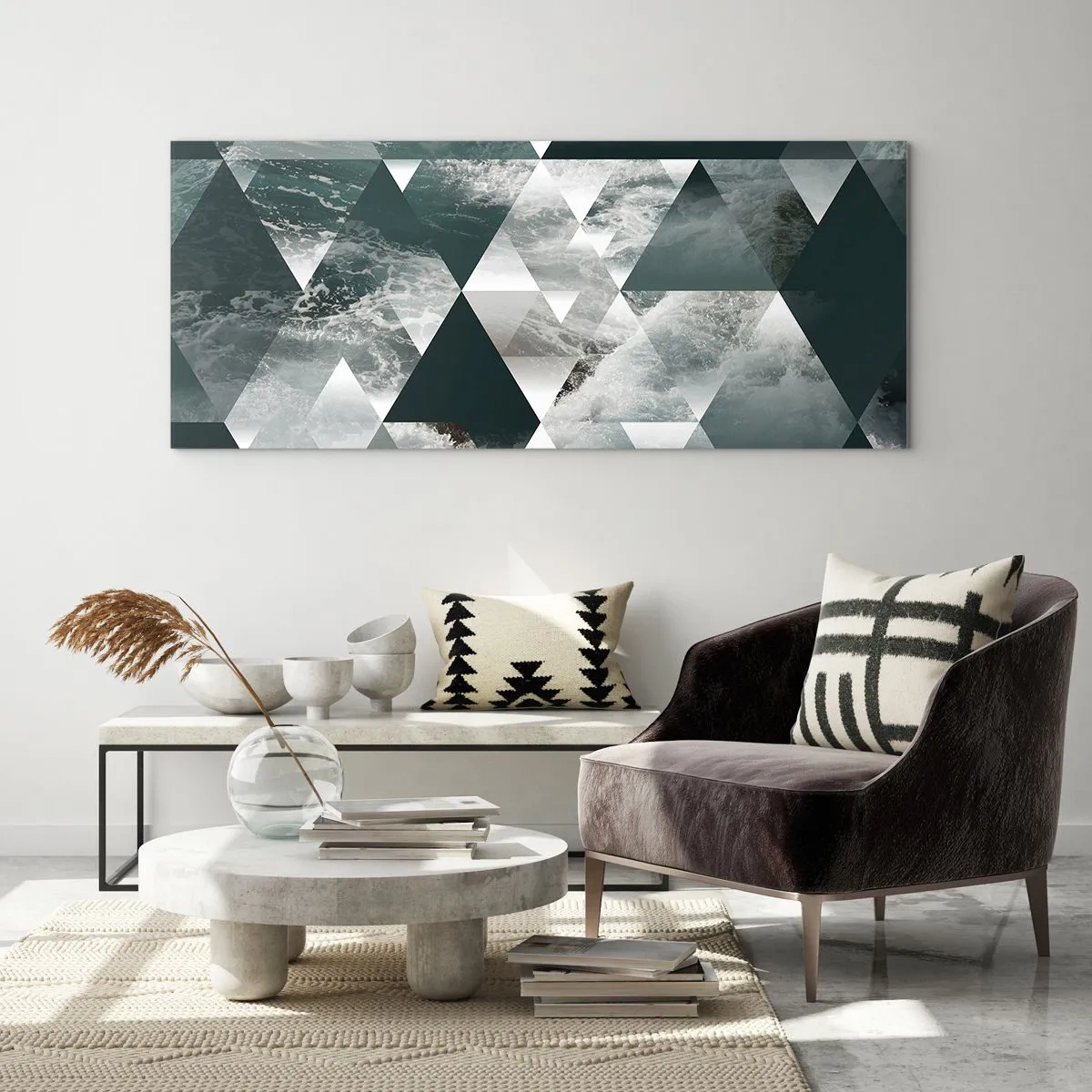 Glasbild - Bild auf glas - Geometrisches Muster mit Wellenmotiv in Grüntönen - 140x50cm - Kristallperspektive - Moderne Wanddekoration für Wohnzimmer und Schlafzimmer ARTTOR