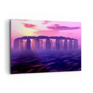 Bild auf Leinwand - Leinwandbild - Steinkreis bei Sonnenuntergang mit violettem Himmel - 120x80cm - Geheimnis im Morgengrauen im Nebel - Moderne Wanddekoration für Wohnzimmer und Schlafzimmer ARTTOR