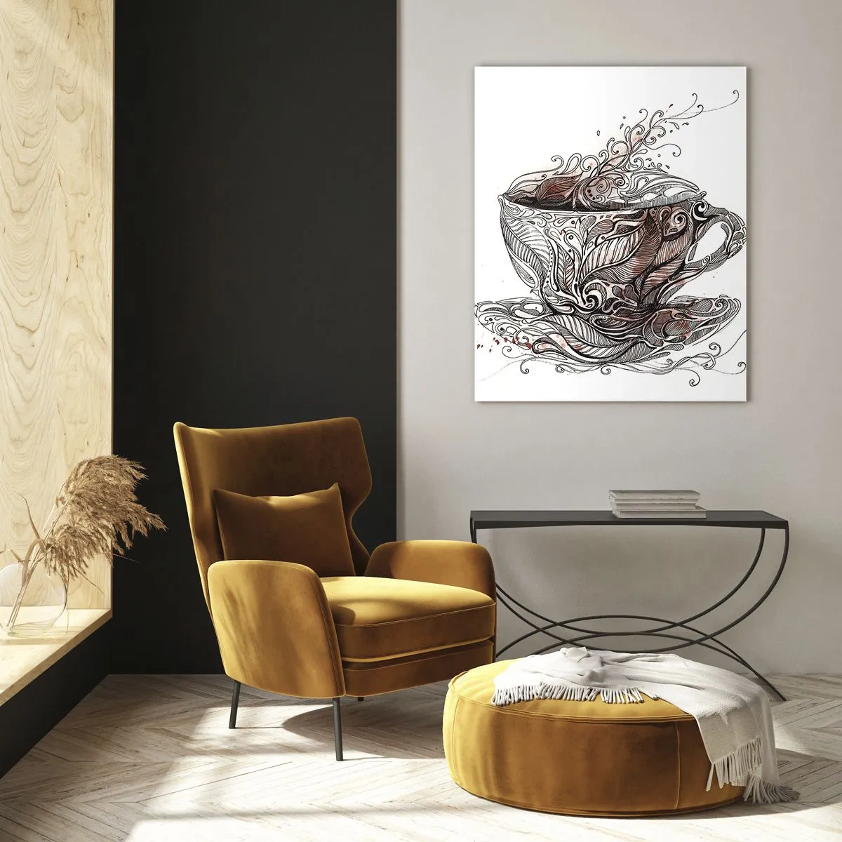 Glasbild - Bild auf glas - Künstlerische Zeichnung einer Tasse mit Ornamenten und Dampf - 50x70cm - Tee für alles - Moderne Wanddekoration für Wohnzimmer und Schlafzimmer ARTTOR