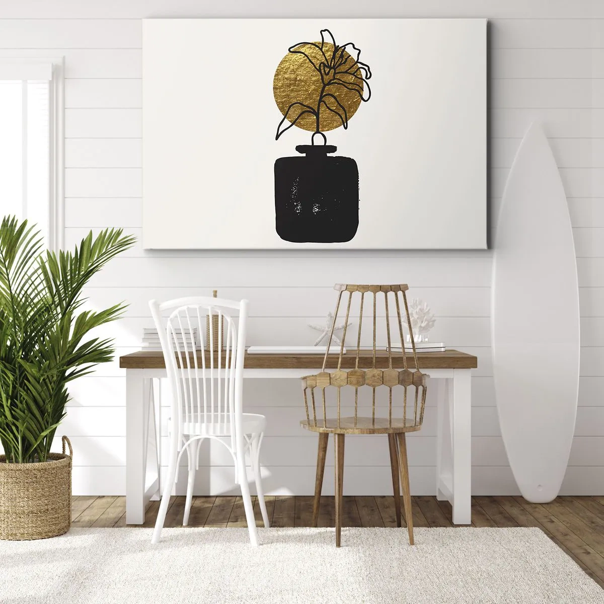 Bild auf Leinwand - Leinwandbild - Eine Zeichnung einer Blume in einer Vase vor einem goldenen Kreishintergrund - 70x50cm - Schönheit ist Gold wert - Moderne Wanddekoration für Wohnzimmer und Schlafzimmer ARTTOR