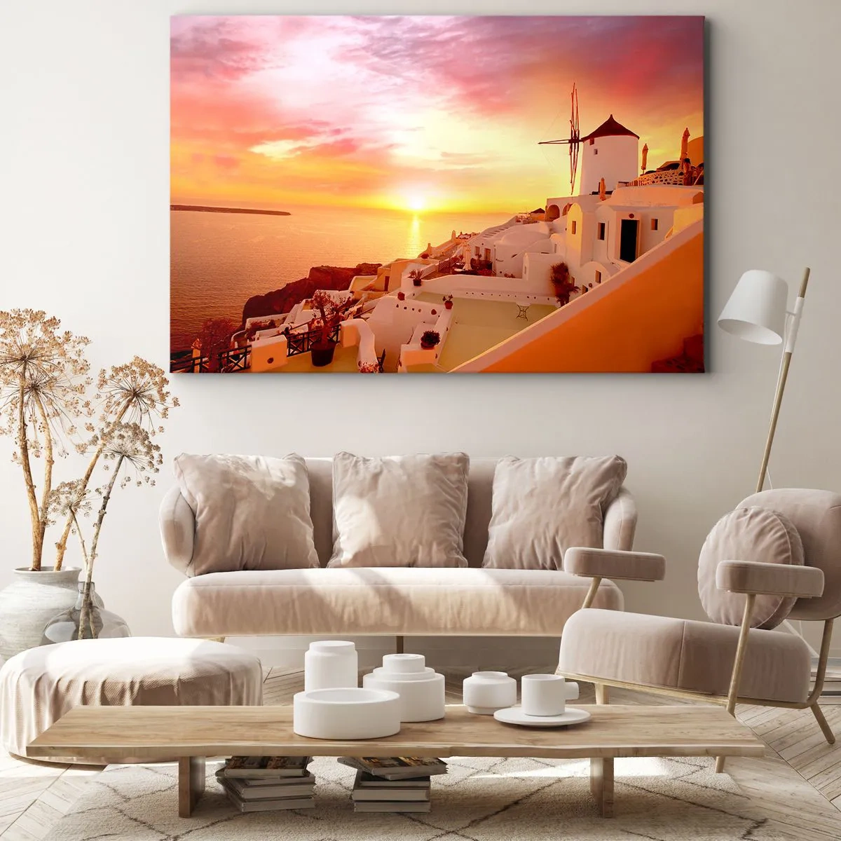 Bild auf Leinwand - Leinwandbild - Santorini bei Sonnenuntergang mit einer Windmühle - 120x80cm - In Weiß und Gold schmelzen - Moderne Wanddekoration für Wohnzimmer und Schlafzimmer ARTTOR