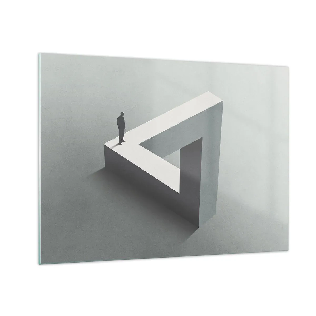 Glasbild - Bild auf glas - Eine Figur auf einer geometrischen Struktur im Stil einer optischen Täuschung - 70x50cm - Es ist also doch möglich - Moderne Wanddekoration für Wohnzimmer und Schlafzimmer ARTTOR