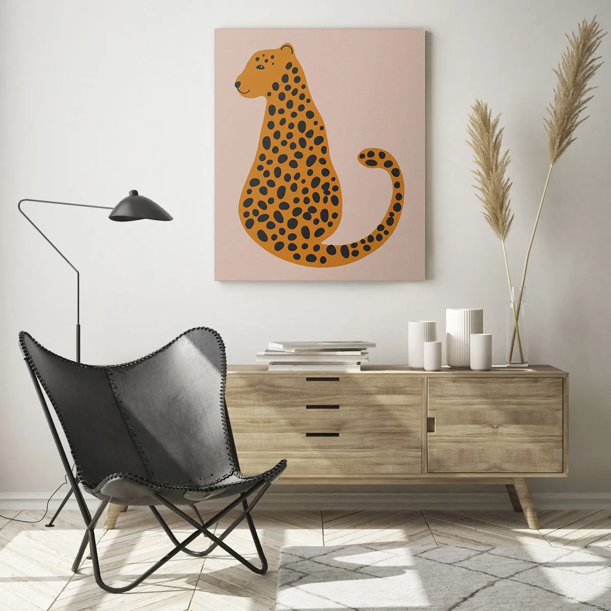 Glasbild - Bild auf glas - Illustration eines Panthers mit schwarzen Flecken auf beigem Hintergrund - 50x70cm - Leopardenmuster ist ein modisches Muster - Moderne Wanddekoration für Wohnzimmer und Schlafzimmer ARTTOR
