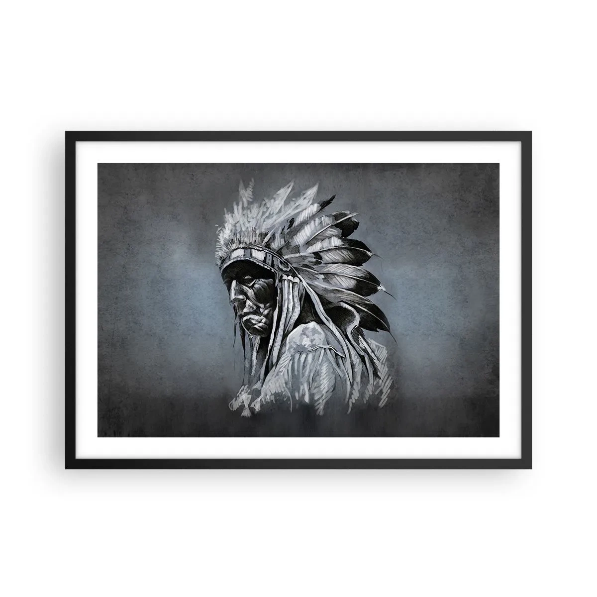 Poster in einem schwarzem Rahmen - Porträt eines Indianerhäuptlings mit traditioneller Kopfbedeckung - 70x50cm - Zurück zu den Wurzeln - Moderne Wanddekoration für Wohnzimmer und Schlafzimmer ARTTOR