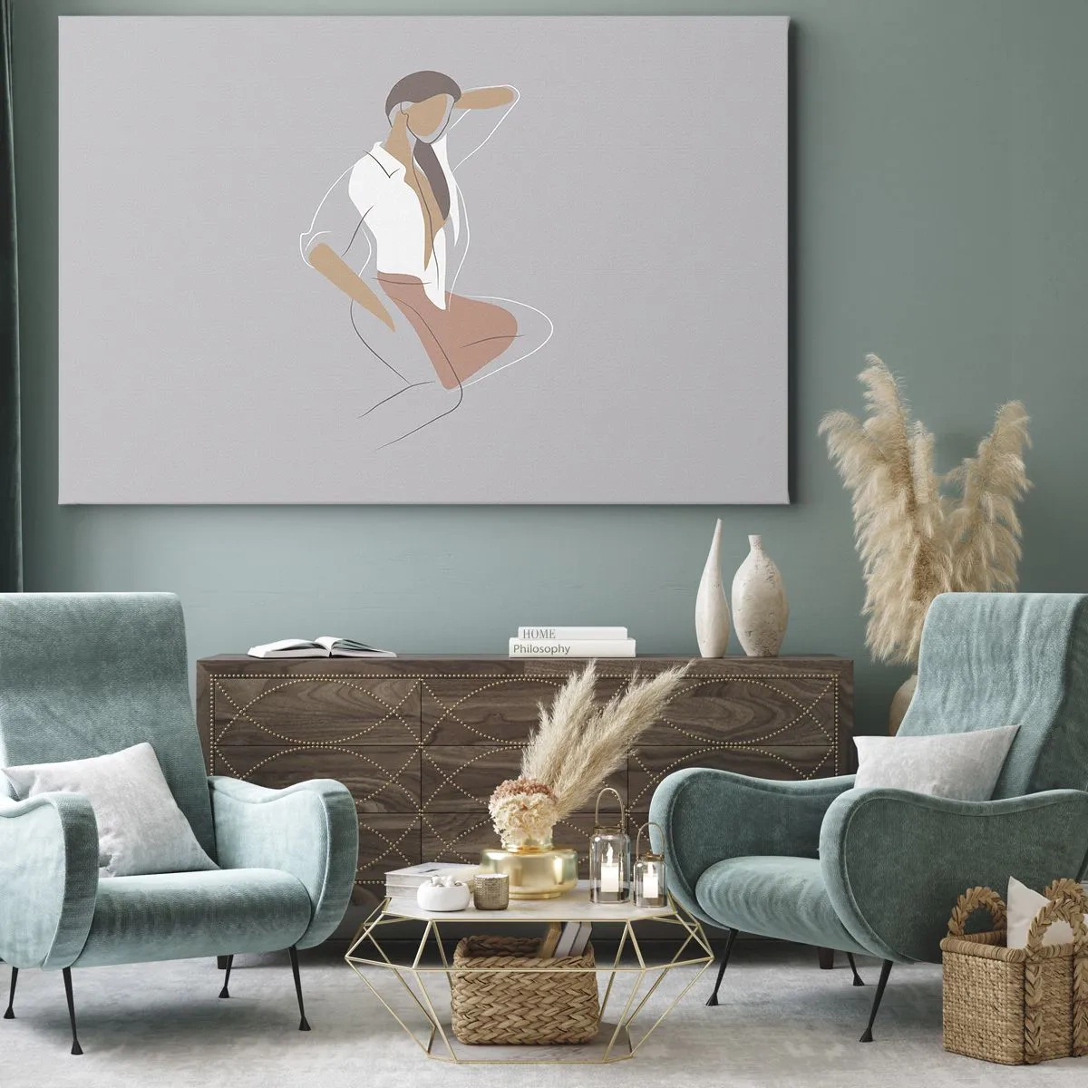 Bild auf Leinwand - Leinwandbild - Ein minimalistisches Frauenporträt in Pastellfarben. - 100x70cm - Umriss der Anmut - Moderne Wanddekoration für Wohnzimmer und Schlafzimmer ARTTOR