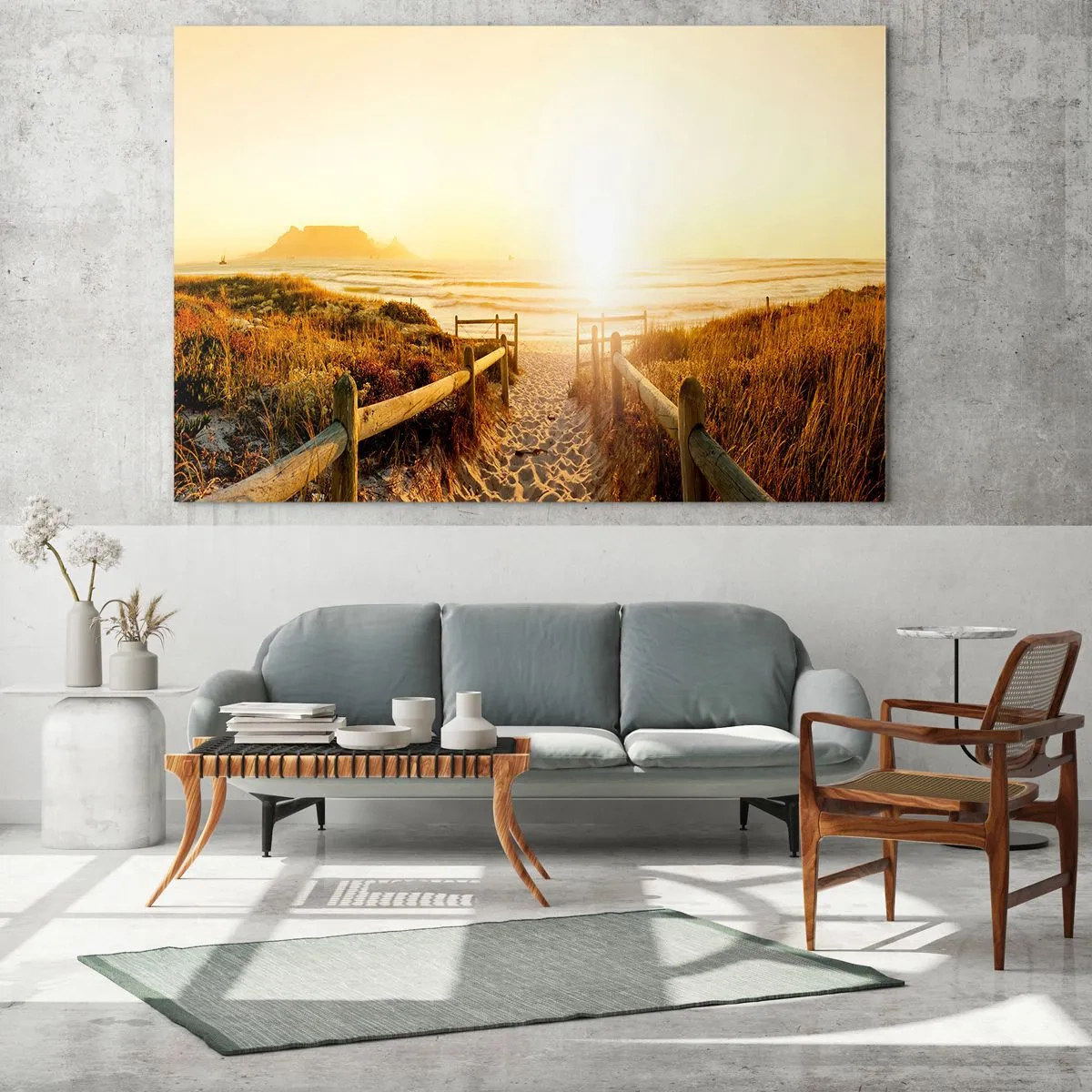 Glasbild - Bild auf glas - Weg über die Düne zum Strand bei Sonnenuntergang - 70x50cm - Über die Düne, der Sonne entgegen - Moderne Wanddekoration für Wohnzimmer und Schlafzimmer ARTTOR